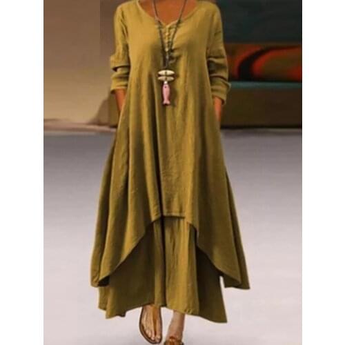 Women Elegant Solid Cotton Linen Party Dress Spring Long Sleeve Buttons Irregular Ladies Dress Casual Loose Plus Size Dress 5XL