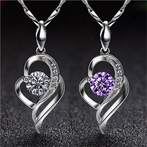 TJP New Fashion 925 Silver Choker Necklace For Girl Bijou Top Quality Crystal Heart Purple Women Pendants Necklace Accessories