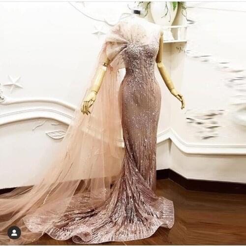 Beaded 3D Flower Long Prom Gowns Backless Formal Dress Robe De Soiree Luxury Champagne Shiny Lace Mermaid Evening Dresses 2021