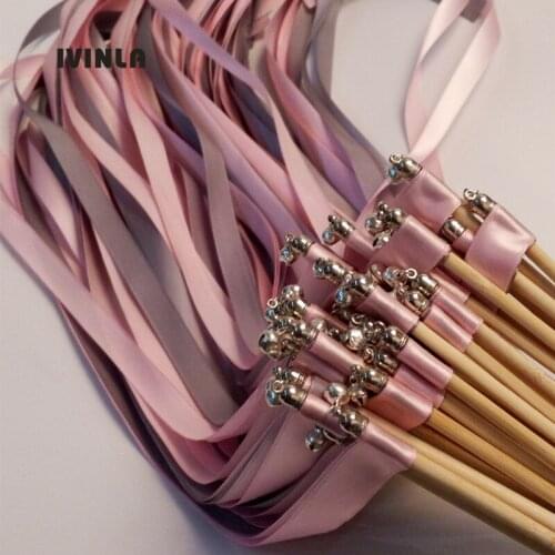 50pcs/lot purple +sliver stain ribbon wedding stick wands With sliver Bells for wedding party