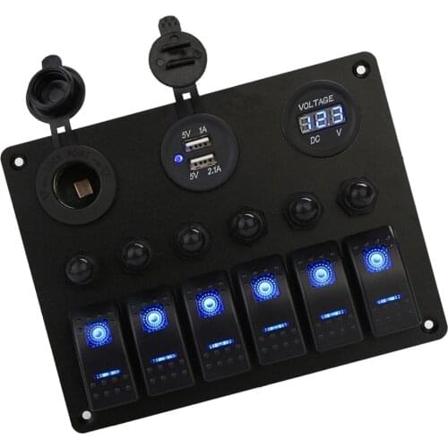 6 Gang Rocker Switch Panel for RV Marine Boat, Waterproof Digital Voltmeter & Dual USB Ports