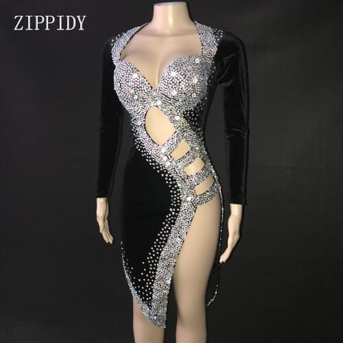 Flashing Sexy Silver Stones Black Latin Dance Dress Outfit Stage Wear Rhinestones Costume Birthday prom show Stretch Dress