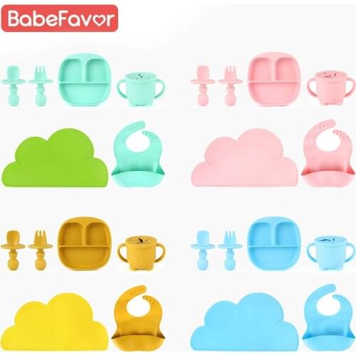 Baby Plate Spoon Fork Cup Bib Placemat Feeding Set Food Grade Silicone Kids Plates Dishes Tableware Dinner Set Children Supplies