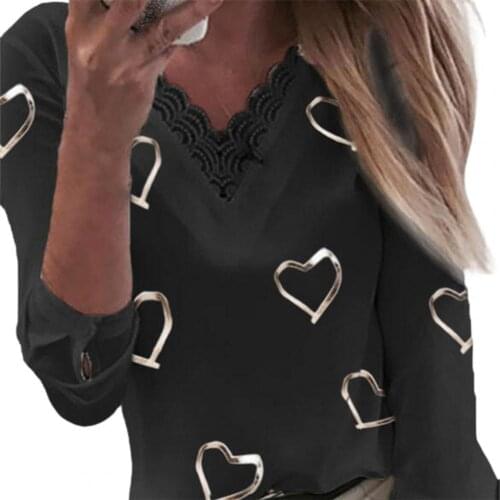 Elegant V Neck Long Sleeve Autumn T-Shirts Woman Heart Cartoon Print Casual Shirts 2020 Fashion Streetwear Women Tops Pullover