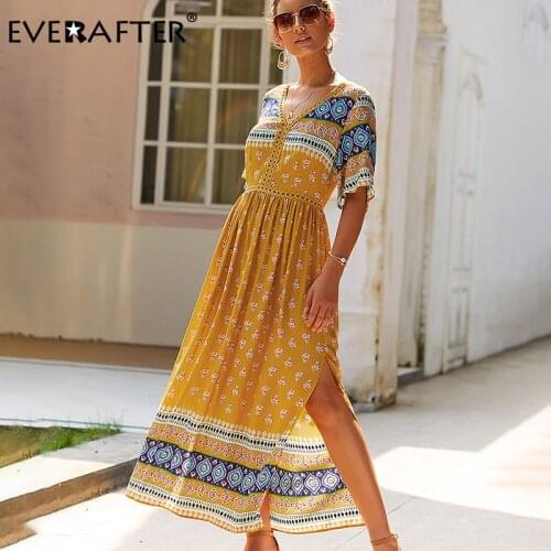 EVERAFTER Elegant Floral Print V-neck High Waist Dress Short Sleeve Split Holiday Summer Dress 2021 Fashion Casual Long Dresses