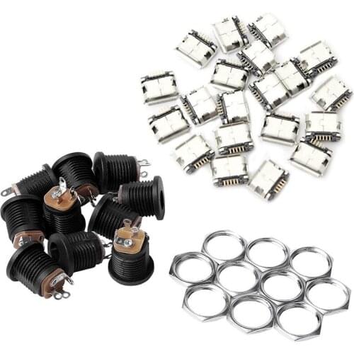10 Pcs Panel Mount 2.1X5.5Mm Dc Socket & 60Pcs Micro-Usb Type B Female 5 Pin Smt Placement Smd Dip Socket Connector
