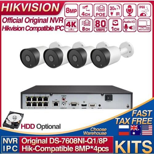 Hikvision Compatible Kits DS-7608NI-Q1/8P 8POE NVR & 4K IP Camera Bullet POE 30M IR Built-in MIC 4pcs 4K CCTV System Smart Home
