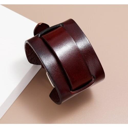 Fashion Wide Genuine Leather Bracelet Brown Black Wide Cuff Bracelets Bangles Vintage Punk Wristband Men Jewelry Gift