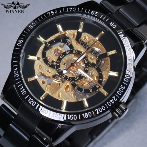 WINNER Gold Watch Men Automatic Men Watches 2021 Luxury Mens Mechanical Skeleton Stainless Steel Relogio Automatico Masculino