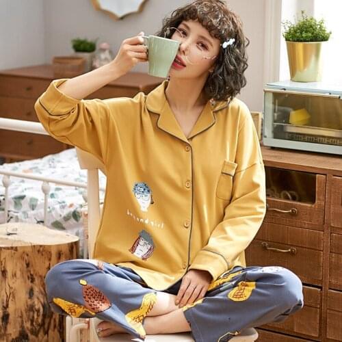 Plus Size Autumn Long Sleeve Cotton Pajama Sets for Women Cute Cartoon Sleepwear Suit Pyjamas Homewear Pijama Mujer Home Clothes