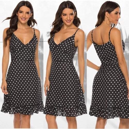2021 New-Coming Spring Summer Holiday Dress Ruffle Spaghetti Straped Dot Beach Style Knee-Length Women Dresses