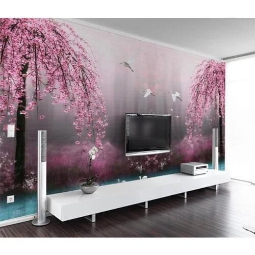 Custom 3D Wallpaper Mural 3D living room tv Background Bedroom Wallpaper Fantasy pink cherry blossom Swan Lake Mural Wallpaper