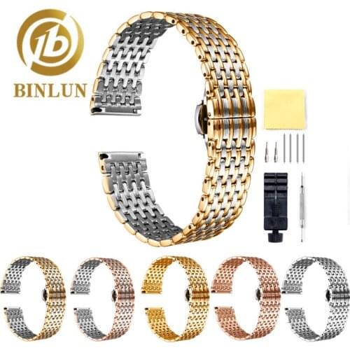 BINLUN Watch Strap Metal Stainless steel Bracelet in 12mm 14mm 16mm 18mm 20mm 22mm Correa Butterfly Buckle Wristband Accessories