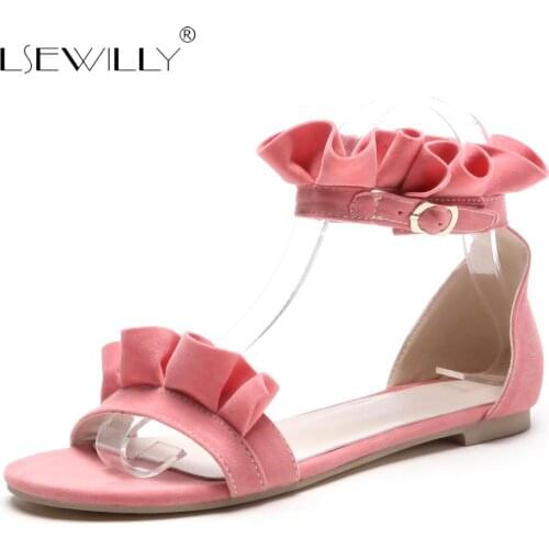 Lsewilly Woman Sandals Flat Heel Peep Toe Woman Shoes 2018 Four Colors Big Size 31-52 Ankle Buckle Elegant Ruffles Summer S238