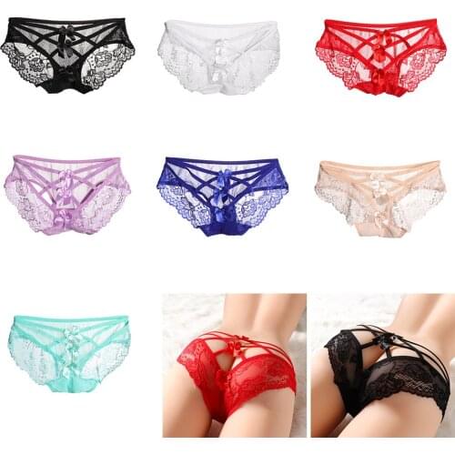 Sourcion Sexy Women Lace Hollow Panties Bowknot Cross Bandage Knickers Bowknot G-String Briefs Breathable Intimates Underwear