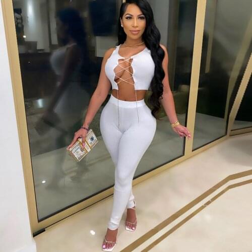 Sexy 2 Piece Sets Womens Outfits Fall Winter 2020 Womens Set Lace Up Hollow Out Crop Top and Pencil Pant Matching Sets Clubwear