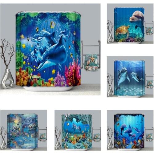 Thick High-quality Blue Dolphin Shower Curtain with Hooks Soft Bath Shower Curtain Universal for Home