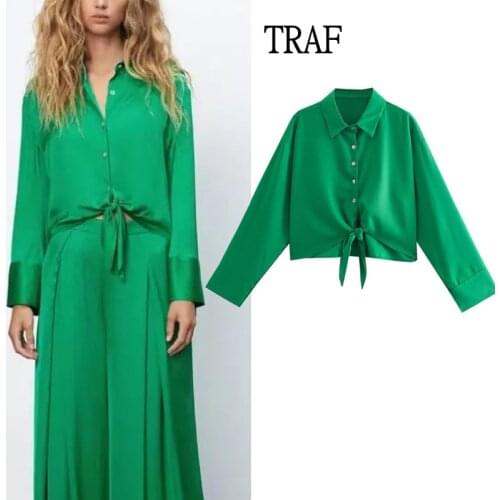 TRAF Za Women Short Shirts 2021 Summer Green Shirts Long Sleeve Top Woman Clothing Elegant Bowknot Buttons Top Women Blouses