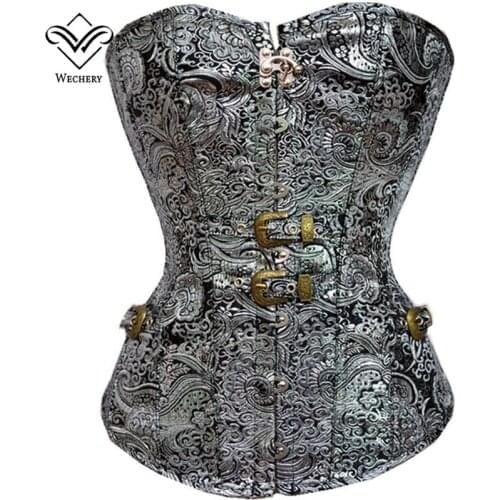 Wechery Vintage Corset Sexy Silvery Bustier Steampunk Gothic Clothing Corsets Printed Lace Up Corselet Button Waist Trainer Tops