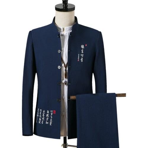 M-4XL Traditional Chinese Collar Tunic Suit Set Long Sleeve Jacket + Pants Mens Wedding Suits 2pcs Office Wear Big Size XXXXL