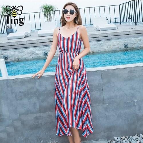 Tingfly Casual Striped Beach Dress Women Sexy Sleeveless Spaghetti Strap Midi A Line Summer Party Dress Sundress vestidos