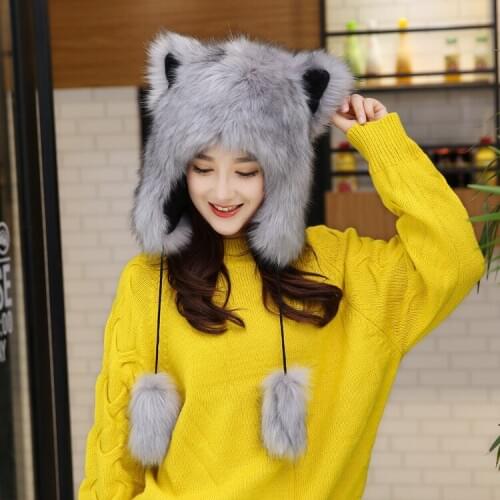 Winter Womens Warm Plus Velvet Thick Cute Cartoon Fox Ushanka Northeast Outdoor Earmuff Fur Animal Hat