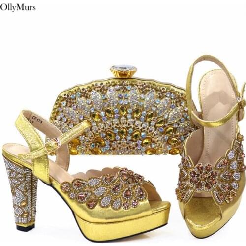 Gold Color Nigerian Special Pumps Shoes And Bag Set High Quality Pretty Ladies Shoes And Bag Set For Wedding Party