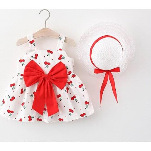 2021 Hot Selling Baby Girl Dress Kids Dresses for Girls 2pcs Sets Bow Cherry Print Strap Girls Dress+hat Sweet Baby Clothes 0-3Y