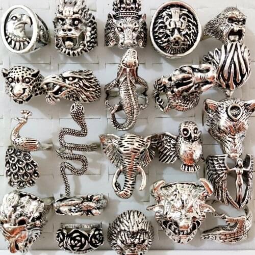 25pcs/lot Exaggerated Ferocious Animals Rocker Biker Man Ring Dragon Snake Elephant Owl Big Men Ring Party Gift Wholesale Mixed