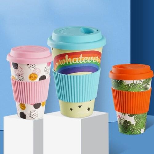 470ml Portable Practical Reusable Bamboo Fiber Silicone Cap Coffee Cups Eco Friendly Non-slip Printing Travel Mugs Useful