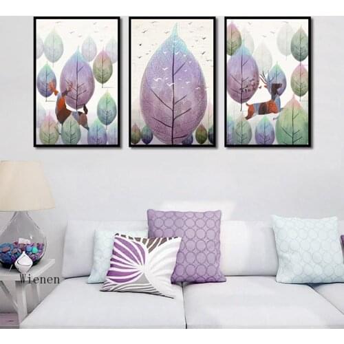 Abstract Landscape Art Poster Purple Leaf Deer Canvas Painting Frameless Print Wall Picture for Living Room Home Decoration