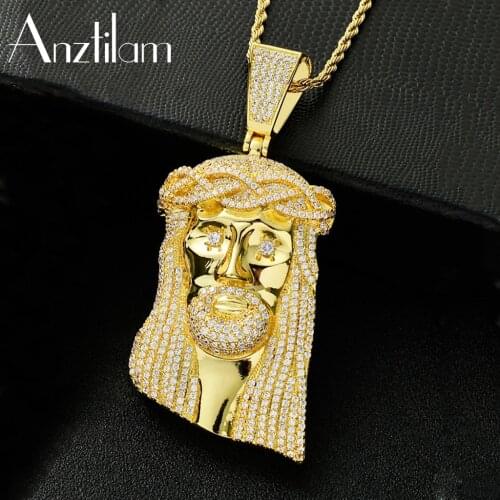 Anztilam Hip Hop Big Bling Copper Jesus Pendants & Necklace With Iced Out AAA Cubic Zircon For Men Women Rapper Jewelry Gifts