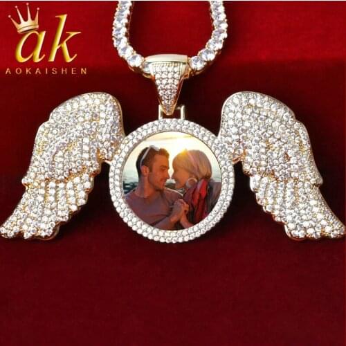 Solid Back Wings Round Memory Picture Photo Pendant Tennis Necklace Micro Pave Charm Mens Hip hop Rock Jewelry