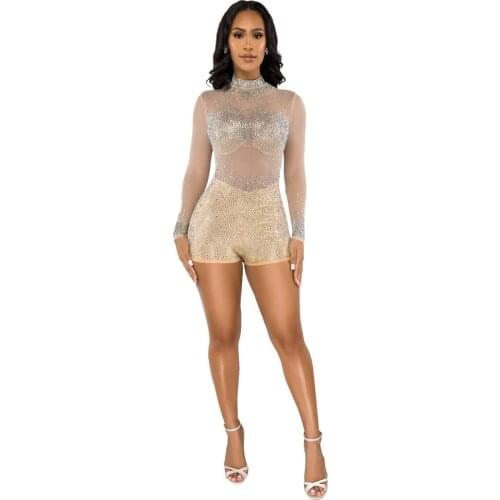 DS Nightclub Style Fashion Sexy Perspective Hot Rhinestone Tight-Fitting Legs Slim Jumpsuit Birthday Party Tights 2021