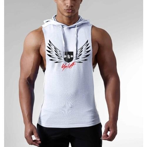 European and American Muscle Mens Fitness Training Hooded Sleeveless Sweater Vest 100 Cotton Code Printing Four Season