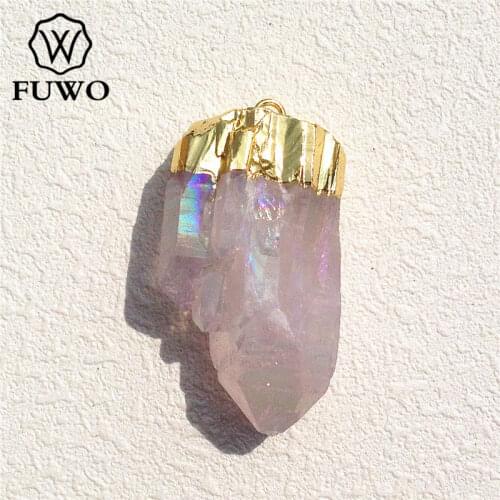 FUWO Angel Aura Quartz Crystal Point Cluster Pastel Rainbow Electroformed Pendant Light Yellow Gold Jewelry Wholesale PD082