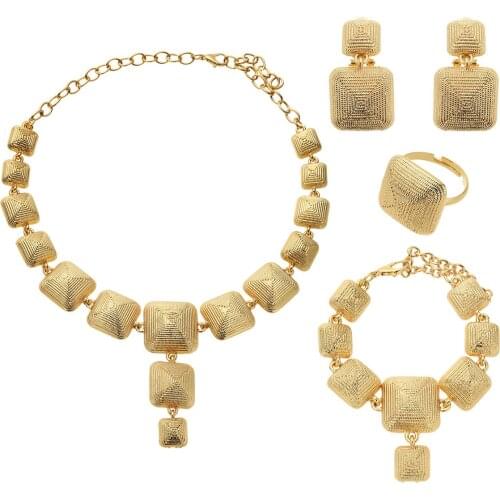 Dubai Gold 24K Jewelry Sets for Women African Bridal Wedding Gifts Party Necklace Square Earrings Ring Bracelet Jewellery Set
