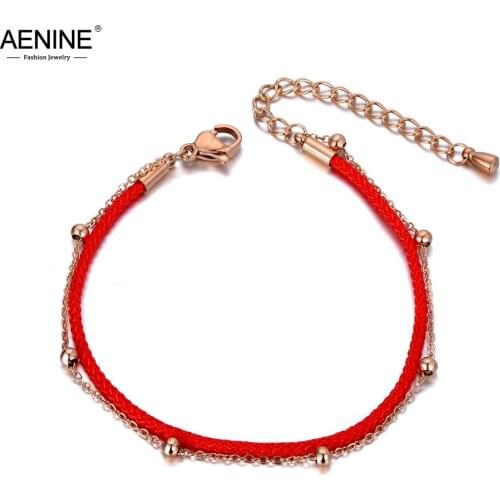 AENINE Trendy Double Layer Stainless Steel Red Rope Good Lucky Bracelets For Women Girls Ethnic Chinese Bracelet Jewelry AB19145
