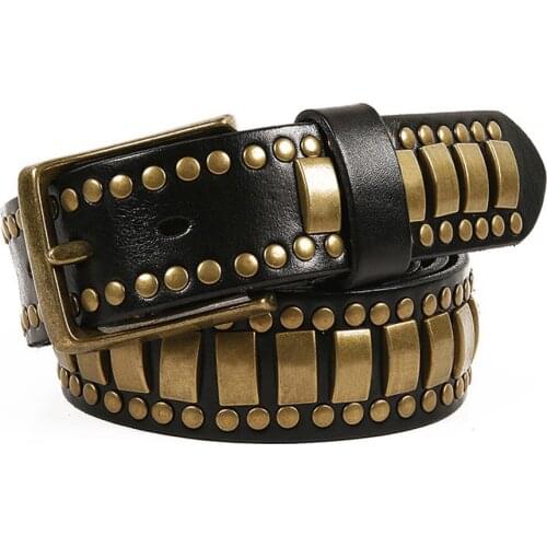 Punk Male Genuine Cowhide Metal Rivets D Shaped Buckle Belt Vintage Men Waistband Real Cow Leather Jeans Cowskin Belts 3 Colors