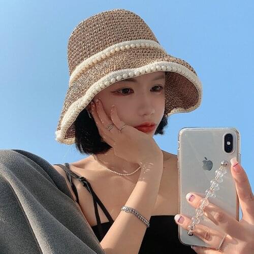 Shade Hats for Women Summer Straw Sun Bucket Hat Girl Outside Travel Straw Cap Casual Beach Panama Straw Hat Pearl accessories