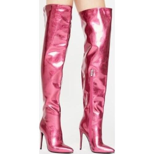 Laser Sexy Purple Orange Boots Shining Over The Knee Slouch Zipper Runway Dress Boots Pointed Toe Thin High Heel Solid Boots