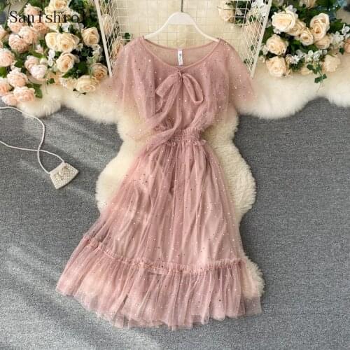 Two-piece Women Butterfly Sleeve Lace Dress Sweet Tie Bow Bling Sequins Mesh Dress Lady Ruffle High Waist A Line Long Vestidos
