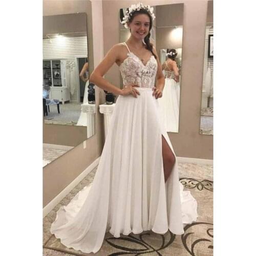 Simple A Line Wedding Dresses Lace Appliques Spaghetti Straps Bride Dress Backless Sexy Side Split White Ivory Wedding Gown