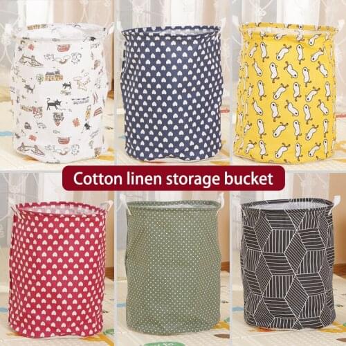 Cartoon Pattern Cotton Linen Round Foldable Storage Bag Household Dirty Laundry Basket Sundries Storage Bucket Kid Toy Organizer