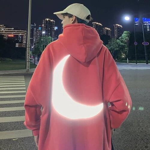 Moon Reflective Hoodies Loose Mens Sweatshirt Orange Autumn Winter Sweatshirts Men Streetwear Cool Japan Hoodies Funny Male