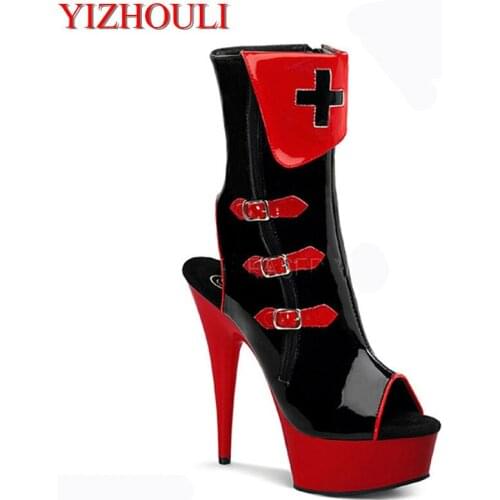 Unique sexy color block decoration open toe low boots 15 high-heeled shoes cd plus size boots cos player sandals for women