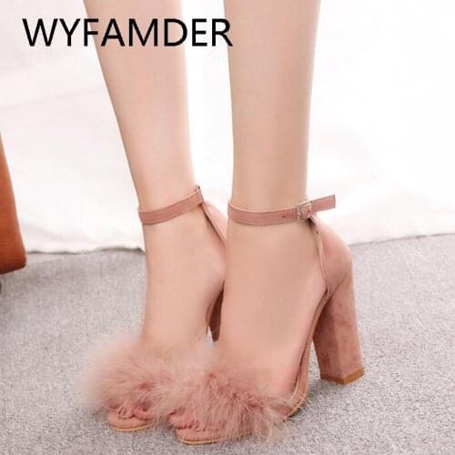 WYFAMDER 2020 Ankle Buckle Strap Women High Heels Summer Cute Fur Women Sandals Thick Heel Lady Pumps Big Sizes 34-43 WP23