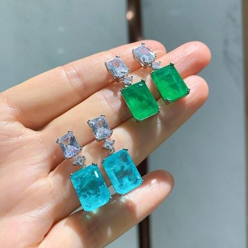 Vintage 100% 925 Sterling Silver Paraiba Tourmaline Emerald Diamond Gemstone Dangle Drop Earrings Women Fine Jewelry