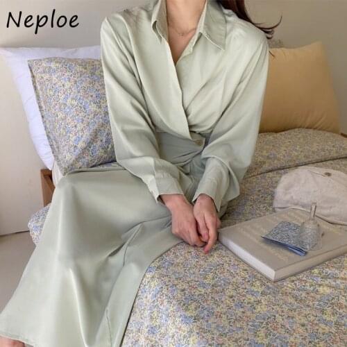 Neploe Simple Temperament Lapel Collar Woman Dress One-piece Buttoned Waist Robe Korean Chic Solid Color Long Vestidos