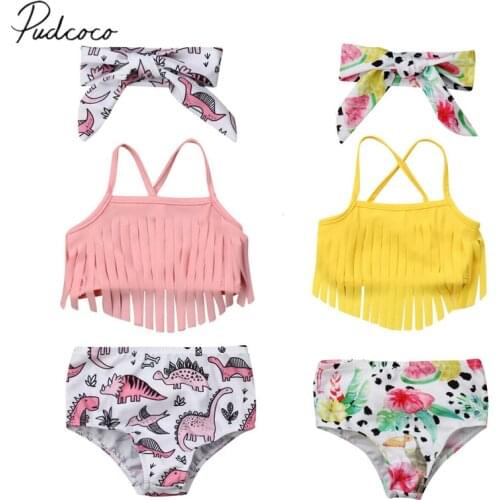 2019 Summer Swimsuit Newborn Infant Baby Girl Swimwear Suit Tassel Crops Tops + Dinosaur High Waist Shorts Outfit Beach Tankini